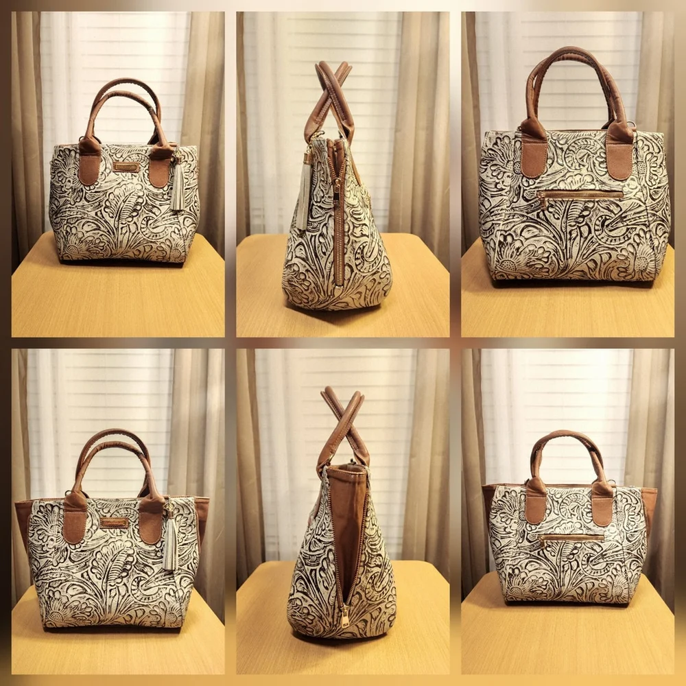 Brown Off White Zippered Floral Embossed Tooled Artisanal LEATHER Bag Purse